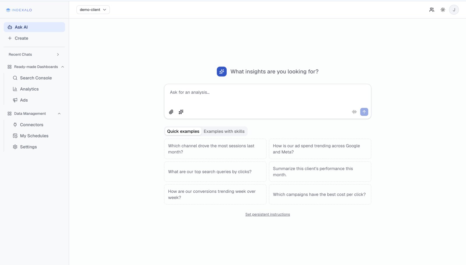 Indexalo AI Agent — ask for an analysis in plain language